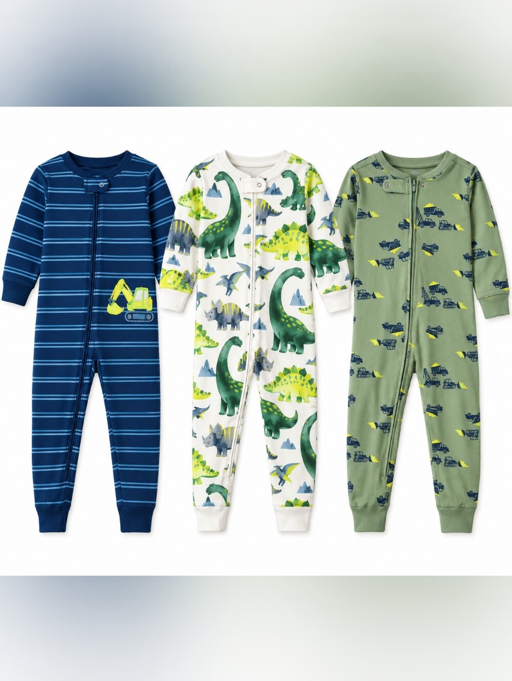 Boys 3-Pack Zip-Up Pajama Sleepers – Dinosaurs & Construction Trucks | Footless